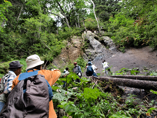 白滝地域にある黒曜石露頭の１つ「あじさいの滝露頭」へのガイドツアー。